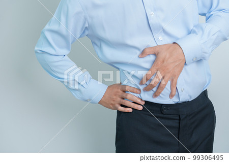 man having back pain. Urinary system and Stones, Cancer, world kidney day, Chronic kidney stomach, liver pain and pancreas concept 99306495