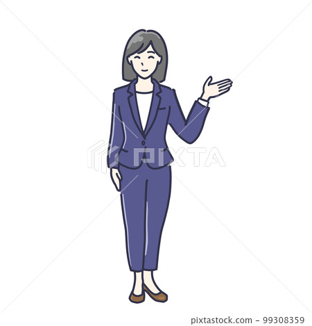 一個穿著褲裝的女人舉起左手並引導她全身的插圖 99308359