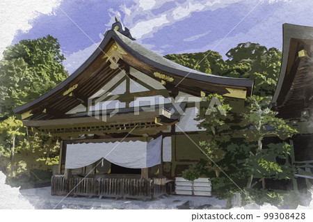 Watercolor-style Omiwa Shrine Ceremonial Hall, Sakurai City, Nara Prefecture 99308428