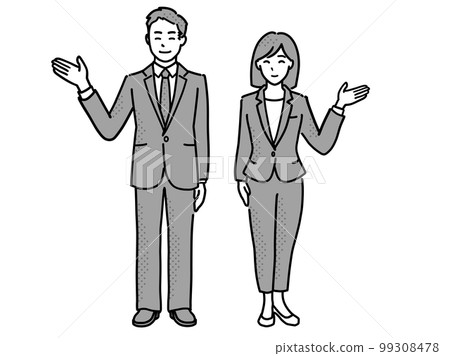 穿著西裝的男人和女人用手掌展示和解釋的插圖 1 單色全身 99308478