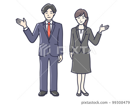 穿著西裝的男人和女人用手掌展示和解釋的插圖 2 全身 99308479