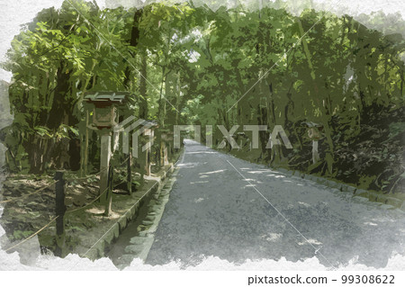 Watercolor-style approach to Omiwa Shrine, Sakurai City, Nara Prefecture 99308622