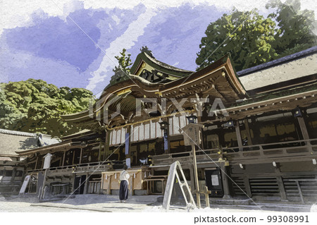 Watercolor-style Omiwa Shrine Worship Hall, Sakurai City, Nara Prefecture 99308991