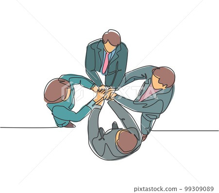 Top view continuous line drawing of young business group holding hand together. Business teamwork at office concept. Single line drawing design, vector graphic illustration 99309089