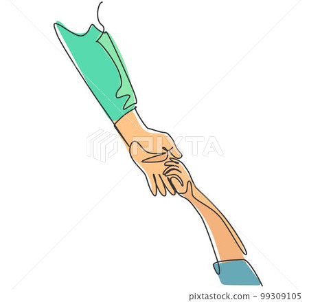 One line drawing of father giving hand to his child. Mother care in continuous line drawing design style. Parental concept vector illustration One line drawing of father giving hand to his child. Mother care in continuous line drawing design style. Parental concept vector illustration 99309105