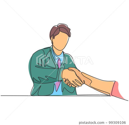Continuous line drawing of young doctor handshake the patient in hospital after running test on lab. Healthcare medical check up concept. One line drawing vector illustration 99309106