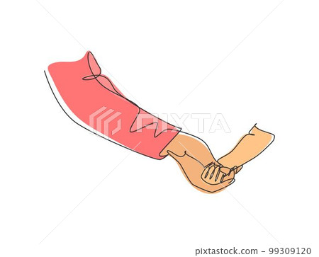 One line drawing of father holding his daughters hand. Parenting motherhood concept. Happy family in continuous line drawing design style. Parental concept vector graphic illustration 99309120