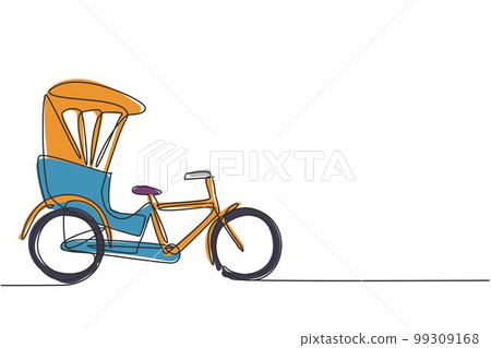 Single continuous line drawing the cycle rickshaw seen from the side pulls the passenger sitting behind it with a bicycle pedal. Tourist vehicle. One line draw graphic design vector illustration. Single continuous line drawing the cycle rickshaw seen from the side pulls the passenger sitting behind it with a bicycle pedal. Tourist vehicle. One line draw graphic design vector illustration. 99309168