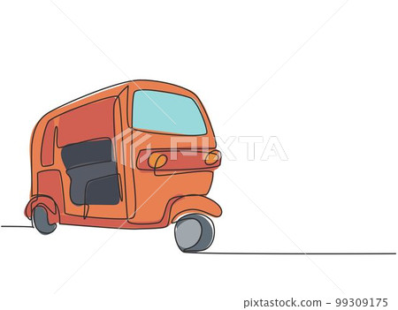 Single continuous line drawing rickshaw traditional transportation in India which serves local passengers and foreign tourists who are on vacation. One line draw graphic design vector illustration. Single continuous line drawing rickshaw traditional transportation in India which serves local passengers and foreign tourists who are on vacation. One line draw graphic design vector illustration. 99309175