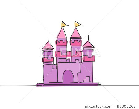 Single one line drawing of castle in an amusement park with four towers and two flags on it. A fort that contains an atmosphere in a fairy tale. Continuous line draw design graphic vector illustration 99309263
