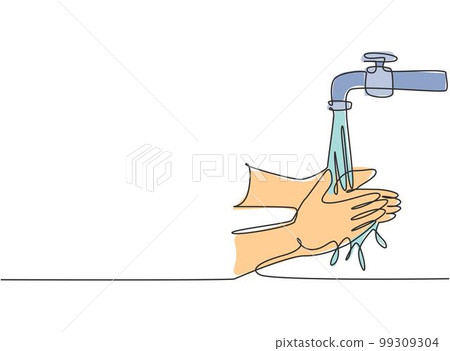 Continuous one line drawing of washing hands with clean water spilled from the tap to protection hands from germs, bacteria, viruses. Flowing water. Single line draw design vector graphic illustration Continuous one line drawing of washing hands with clean water spilled from the tap to protection hands from germs, bacteria, viruses. Flowing water. Single line draw design vector graphic illustration 99309304