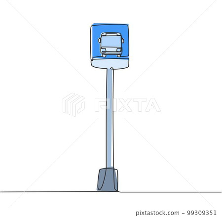 Single one line drawing of a bus stop with a simple bus sign located on the side of an urban road where passengers get on and off. Modern continuous line draw design graphic vector illustration. 99309351