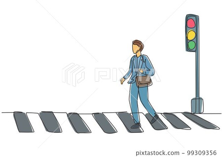 Continuous one line drawing a male worker crosses the road on the zebra crossing after returning from work. There's a traffic light there too. Single line draw design vector graphic illustration. Continuous one line drawing a male worker crosses the road on the zebra crossing after returning from work. There's a traffic light there too. Single line draw design vector graphic illustration. 99309356