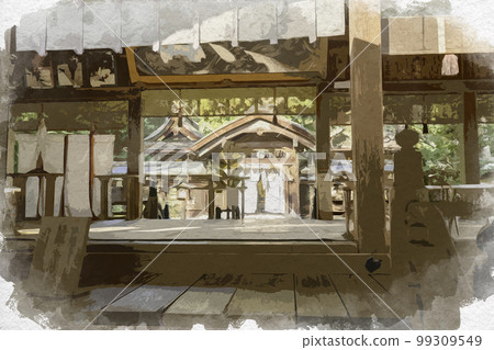 Watercolor-style Yamato Shrine worship hall and main hall, Tenri City, Nara Prefecture 99309549