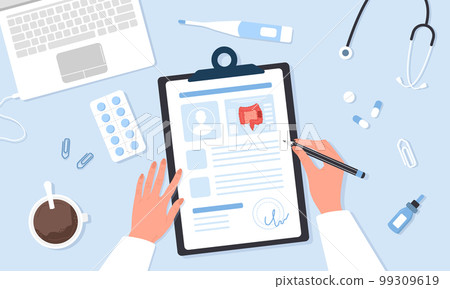 Colonoscopy concept. Proctologist writing results of examine intestine. Top view doctor workplace with lists, pills and stethoscope. Vector illustration in flat cartoon style. Prevention of cancer Colonoscopy concept. Proctologist writing results of examine intestine. Top view doctor workplace with lists, pills and stethoscope. Vector illustration in flat cartoon style. Prevention of cancer 99309619