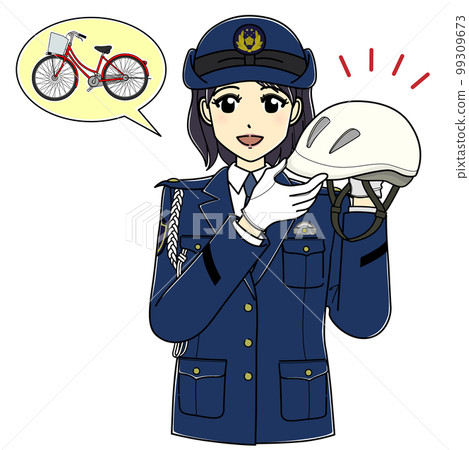 A female police officer with a bicycle helmet (with white helmet and bicycle) 99309673
