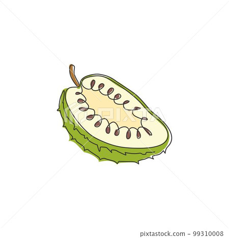 One single line drawing of half sliced healthy organic soursop for orchard logo identity. Fresh tropical fruitage concept for fruit garden icon. Modern continuous line draw design vector illustration One single line drawing of half sliced healthy organic soursop for orchard logo identity. Fresh tropical fruitage concept for fruit garden icon. Modern continuous line draw design vector illustration 99310008