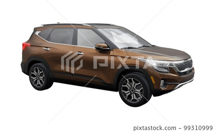 A model of a compact brown SUV for the city with all-wheel drive in all weather conditions of operation on a white background. 3d illustration A model of a compact brown SUV for the city with all-wheel drive in all weather conditions of operation on a white background. 3d illustration 99310999