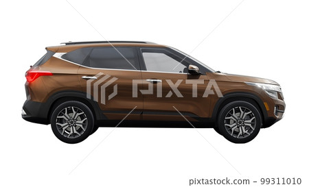 A model of a compact brown SUV for the city with all-wheel drive in all weather conditions of operation on a white background. 3d illustration A model of a compact brown SUV for the city with all-wheel drive in all weather conditions of operation on a white background. 3d illustration 99311010