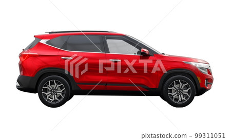 A model of a compact red SUV for the city with all-wheel drive in all weather conditions of operation on a white background. 3d illustration A model of a compact red SUV for the city with all-wheel drive in all weather conditions of operation on a white background. 3d illustration 99311051