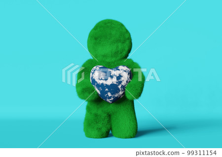 Happy Earth Day card April 22 Cute green grass Yeti heart planet 3d rendering Ecology Environment Saving Climate change. Happy Earth Day card April 22 Cute green grass Yeti heart planet 3d rendering Ecology Environment Saving Climate change. 99311154