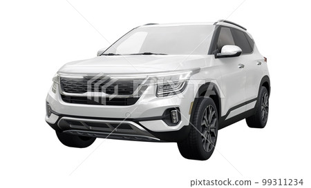 A model of a compact white SUV for the city with all-wheel drive in all weather conditions of operation on a white background. 3d illustration 99311234