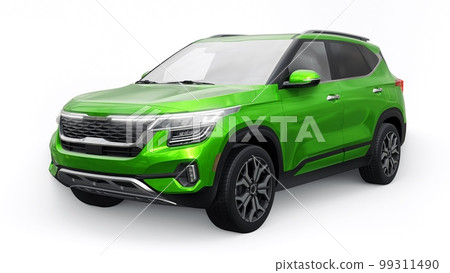 A model of a compact green SUV for the city with all-wheel drive in all weather conditions of operation on a white background. 3d illustration A model of a compact green SUV for the city with all-wheel drive in all weather conditions of operation on a white background. 3d illustration 99311490