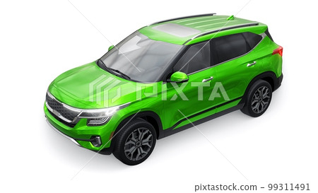 A model of a compact green SUV for the city with all-wheel drive in all weather conditions of operation on a white background. 3d illustration A model of a compact green SUV for the city with all-wheel drive in all weather conditions of operation on a white background. 3d illustration 99311491