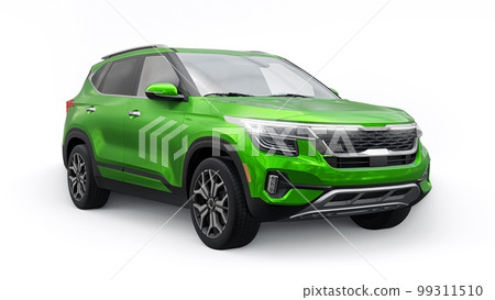 A model of a compact green SUV for the city with all-wheel drive in all weather conditions of operation on a white background. 3d illustration A model of a compact green SUV for the city with all-wheel drive in all weather conditions of operation on a white background. 3d illustration 99311510