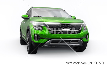 A model of a compact green SUV for the city with all-wheel drive in all weather conditions of operation on a white background. 3d illustration A model of a compact green SUV for the city with all-wheel drive in all weather conditions of operation on a white background. 3d illustration 99311511