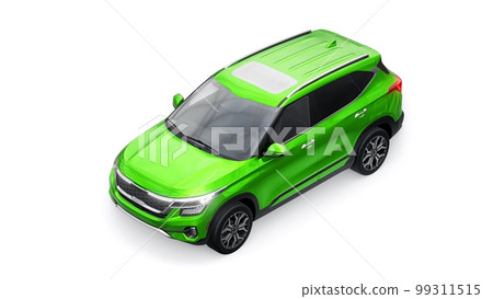 A model of a compact green SUV for the city with all-wheel drive in all weather conditions of operation on a white background. 3d illustration A model of a compact green SUV for the city with all-wheel drive in all weather conditions of operation on a white background. 3d illustration 99311515