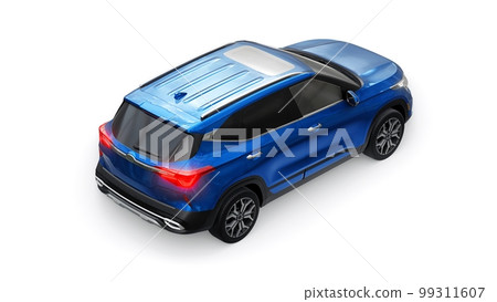 A model of a compact blue SUV for the city with all-wheel drive in all weather conditions of operation on a white background. 3d illustration A model of a compact blue SUV for the city with all-wheel drive in all weather conditions of operation on a white background. 3d illustration 99311607