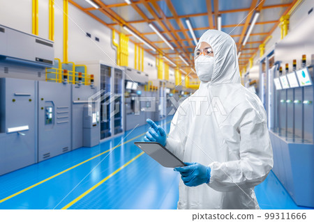 Worker or engineer wears protective suit or coverall suit work in semiconductor manufacturing factory 99311666