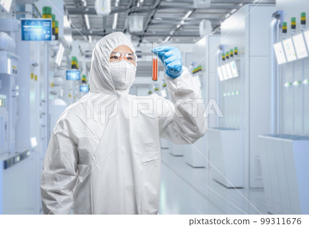 Worker wears medical protective suit or coverall suit with test tube in laboratory Worker wears medical protective suit or coverall suit with test tube in laboratory 99311676
