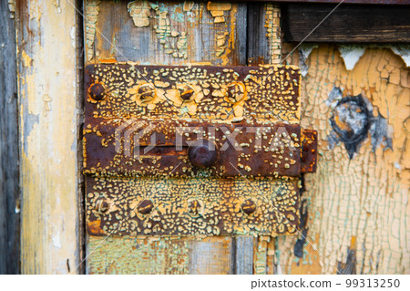 Rusty metal bolt and latch close-up on old shabby wooden door. Chunks of paint, peeling paint, corrosion of metal, Rusty metal. Decay and ruins. Rusty metal bolt and latch close-up on old shabby wooden door. Chunks of paint, peeling paint, corrosion of metal, Rusty metal. Decay and ruins. 99313250