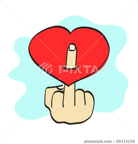 closeup hand showing fuck off gesture on red heart illustration vector hand drawn isolated on white background line art. 99313259