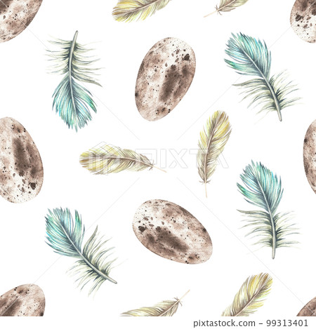 Feathers and eggs seamless pattern. Watercolor illustration. Isolated on a white background. Boho style print. For the design of bed linen, pillows, wrapping paper, napkins, towels, fabric 99313401