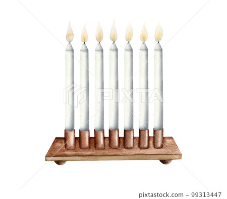 Watercolor bronze candlestick with seven burning candles, watercolor Jewish menorah. Passover seder dinner decoration Watercolor bronze candlestick with seven burning candles, watercolor Jewish menorah. Passover seder dinner decoration 99313447