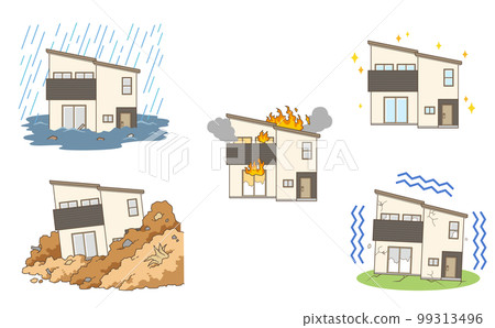 Illustration set of various scenes such as a natural disaster in a two-tone stylish house 99313496