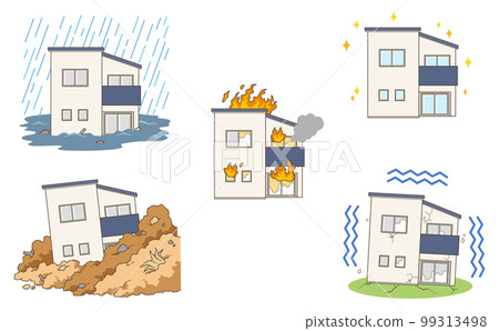 Illustration set of various scenes such as a natural disaster in a two-tone stylish house Illustration set of various scenes such as a natural disaster in a two-tone stylish house 99313498