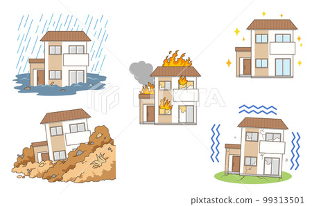 Illustration set of various scenes such as a natural disaster in a two-tone stylish house 99313501