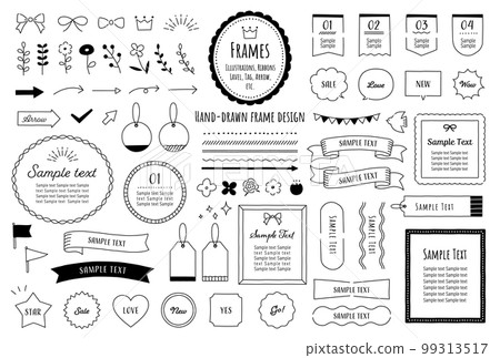 Hand-drawn cute illustration frame set / monochrome Hand-drawn cute illustration frame set / monochrome 99313517