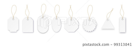 Blank paper price vector tags or gift tags in different shapes. Set of labels with cord. Vector 99313841