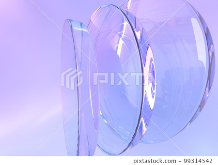 Abstract geometric background with iridescent crystal round disks 3d render. Glass transparent circle discs or plates with reflection and flare on purple backdrop close up, wallpaper 99314542
