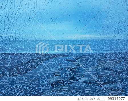 Abstract blue broken glass with a lot of cracks shot window on ocean sea background 99315077