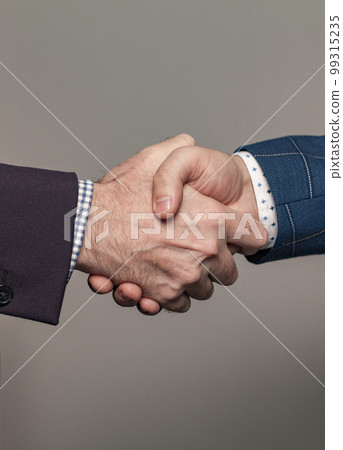 Business people in suit shaking hands, get an agreement, against grey wall background 99315235