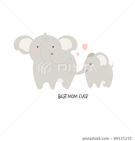 Vector illustration of cute young elephant and his mom. Adorable print with animals for kids in a modern flat style. Vector illustration of cute young elephant and his mom. Adorable print with animals for kids in a modern flat style. 99315255