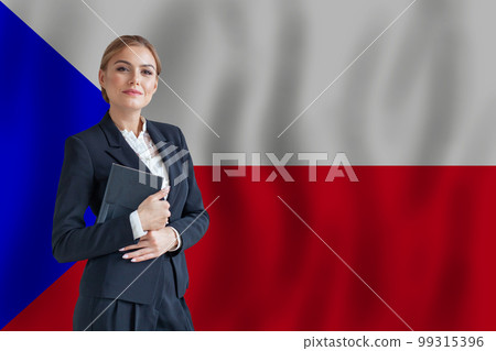 Czech businesswoman on the flag of Czech digital  nomad, business, startup concept 99315396