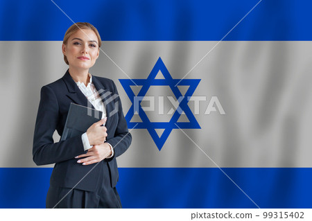 Izraeli businesswoman on the flag of Izrael digital nomad, business, startup concept Izraeli businesswoman on the flag of Izrael digital nomad, business, startup concept 99315402
