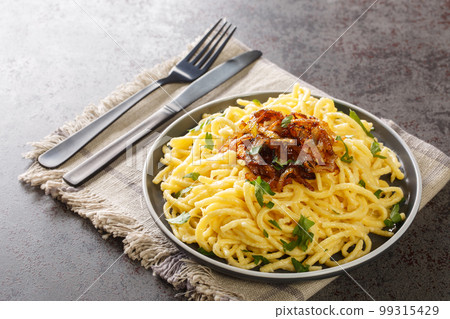 Spatzle egg noodles with melted cheese and fried onions on top close-up in a plate. Horizontal Spatzle egg noodles with melted cheese and fried onions on top close-up in a plate. Horizontal 99315429